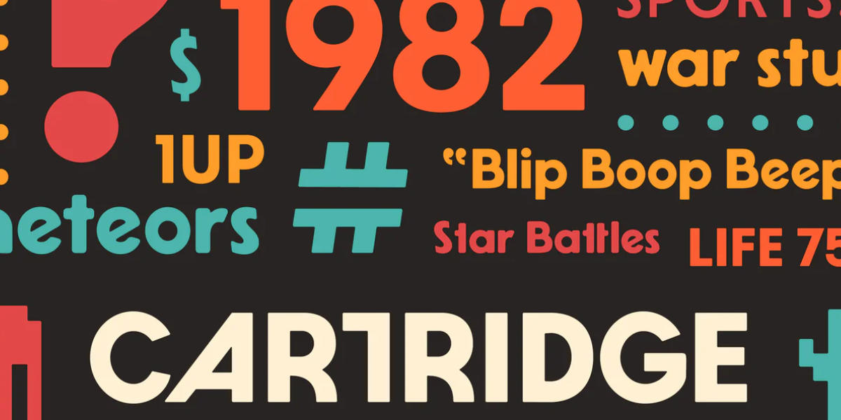 A type specimen of Cartridge, with text in orange, yellow, red, and teal on a dark background. Some text in cropped off at the edges. Visible words include: Blip Boop Beep. Sports, 1UP, 1982, meteors, Catridge, Star Battloes, LIFE.